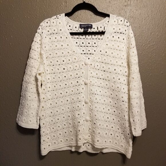 Jones New York L Cardigan Crochet Mercerized 100% Cotton Heavy White Cottagecore - Picture 1 of 9